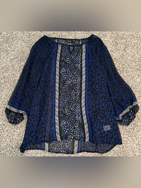 Women’s Apt 9 Sheer Leopard Print Blouse ~ 3/4 Sleeve ~ Blue Black White Sz L